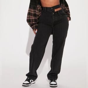 Fashion Nova Jeans Juniors 9 Black Cut Out Waist High Rise Straight Leg Retro
